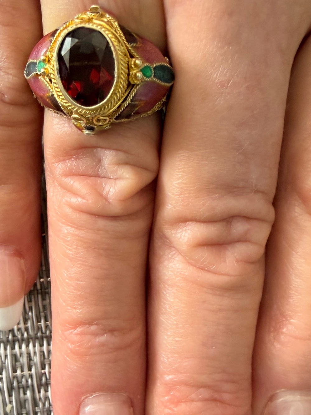 Barbara Garwood Garnet Ring Collectable Mongolian Art 14K over Silver - Picture 2 of 4